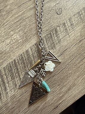 Silver-Tone Layered Charm Necklace with White Rose and Aqua Tassel